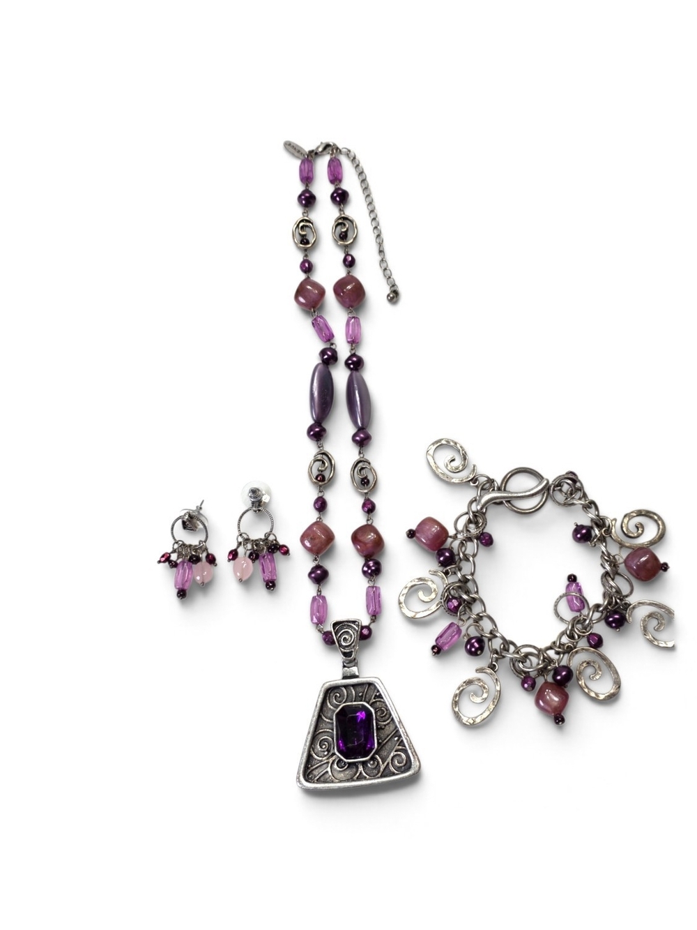 Women’s Purple and Silvertone Bead Necklace, Bracelet & Earring Set Boho